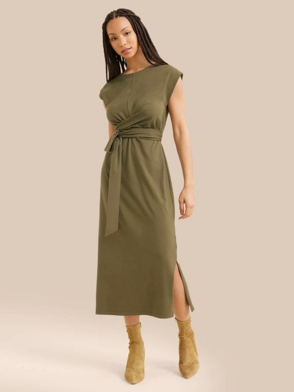 Modern Citizen Cassandra Tie Front Midi Dress Olive Green Size XL Minimalist